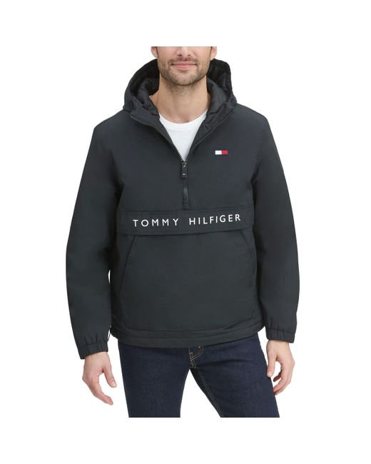 Tommy Hilfiger Black Performance Fleece Lined Hooded Popover Jacket Rain for men