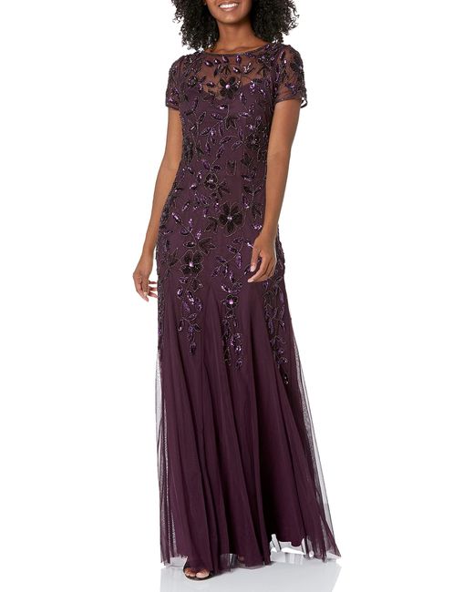 Adrianna Papell Floral Beaded Godet Gown Dress in Purple | Lyst