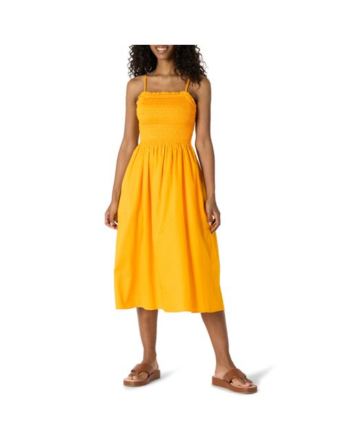 Amazon Essentials Yellow Regular-Fit-Midikleid aus Baumwollsatin mit Gesmoktem Mieder