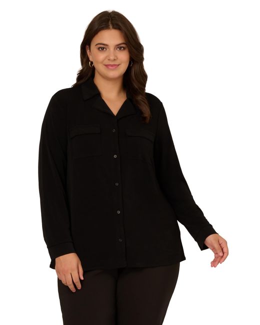 Adrianna Papell Black Plus Size Knit Utility Top With Long Sleeves And Chest Pockets