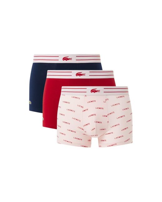 Lacoste Red Cotton Stretch Diagonal Print Trunks