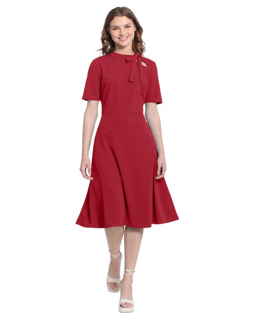 Maggy London Red Short Sleeve Fit And Flare Scuba Crepe Dress