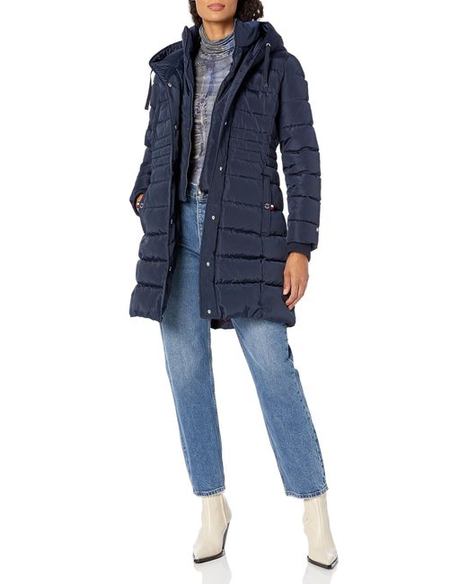 Tommy Hilfiger Blue Solid Puffer Hooded Long Jacket
