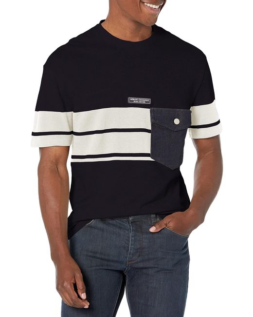 Emporio Armani Blue A | X Armani Exchange Cotton Piquet Graphic Tshirt With Stripe Detail And A|x Logo Patch In The Middle Of The Shirt for men