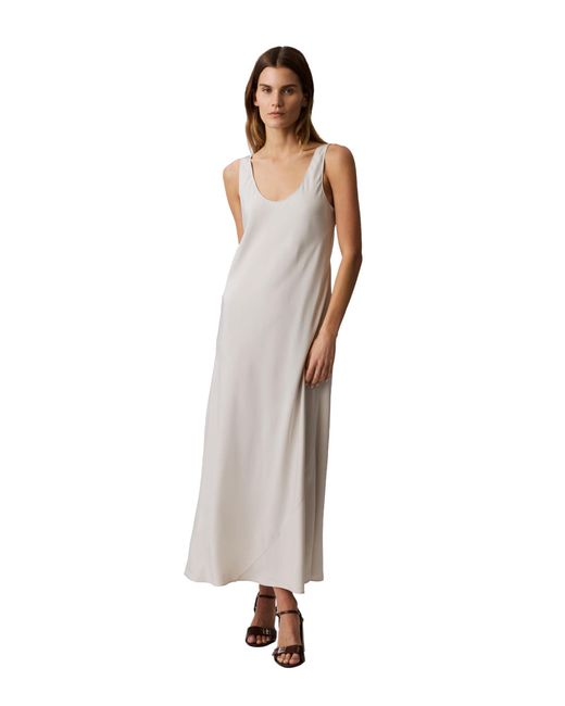 Calvin Klein White Viscose Twill Midi Slip Dress Oatmeal