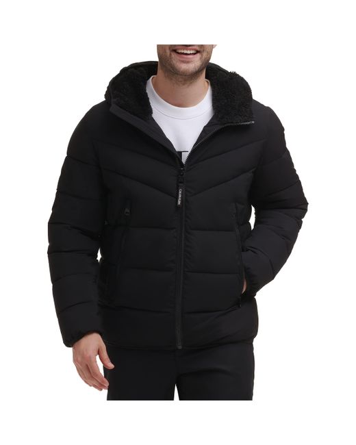 Calvin Klein Black Winter Coat-puffer Stretch Jacket With Sherpa Hood for men