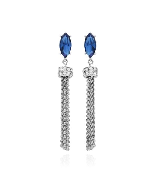 Boucles d'oreilles linéaires à franges longues avec pierre en cristal bleu argenté Guess en coloris Blue