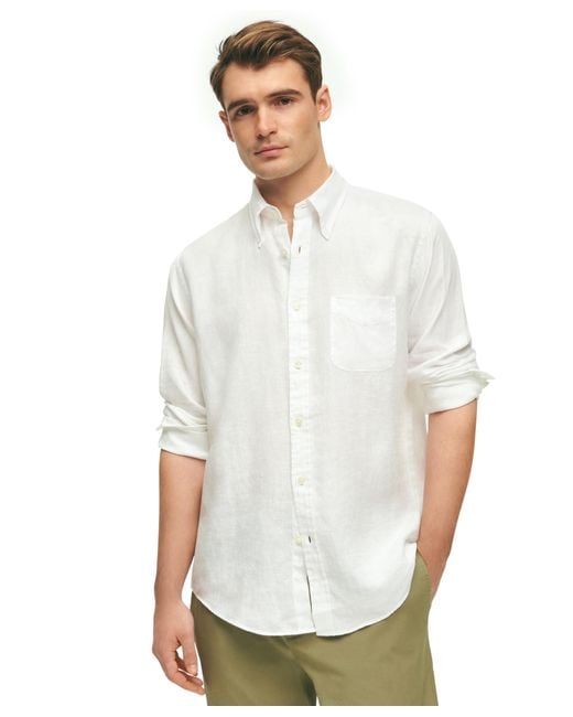 Brooks Brothers Irish Linen Langarm Sport Shirt in White für Herren