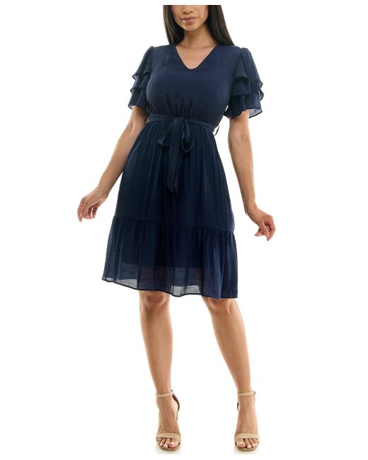 Nanette Lepore Blue Carribean Texture Dress With Self Tie Belt And Tiered Flutter Sleeve