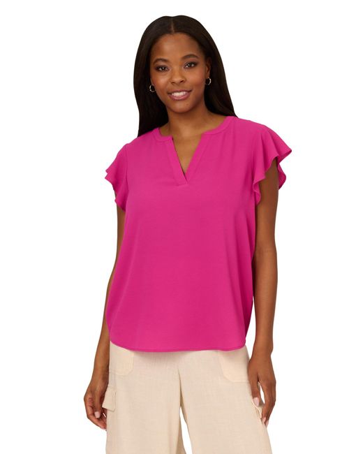 Adrianna Papell Pink Solid Short Ruffle Sleeve Popover Blouse
