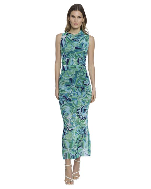 Donna Morgan Green Side Pleat Maxi Dress With Gathered Neck And Asymmetric Shoulders
