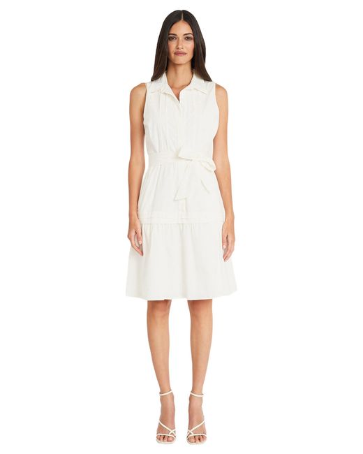 Maggy London White Sleeveless Collared Button Front Summer Dress For With Waist Tie And Pleat Details