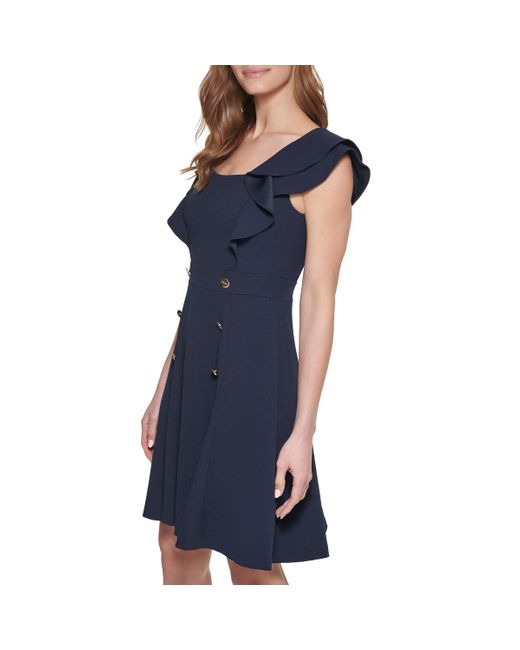 DKNY Blue Petite Double Ruffle Sleeve Fit And Flare Dress