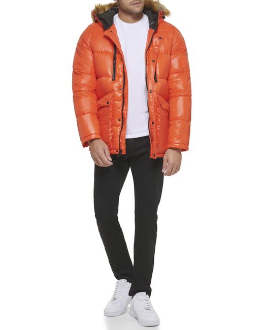 Guess Orange Mid-weight Puffer Jacket With Removable Hood for men