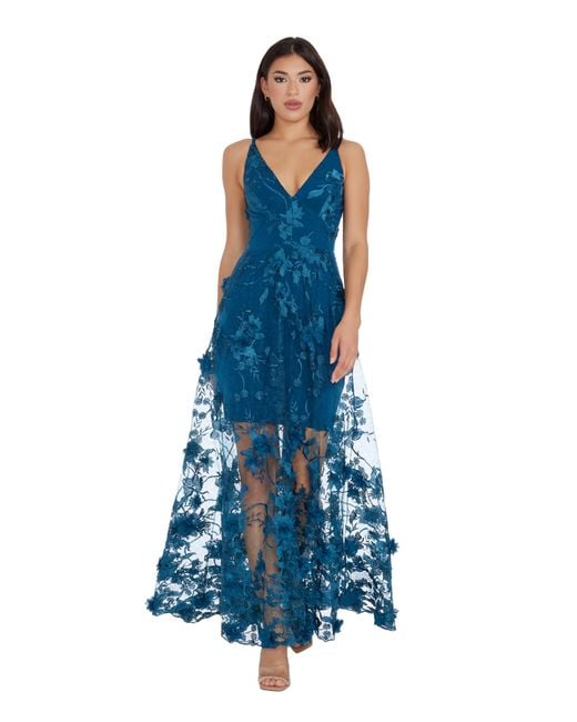 Dress the Population Blue S Embellished Plunging Gown Sleeveless Floral Long Dress