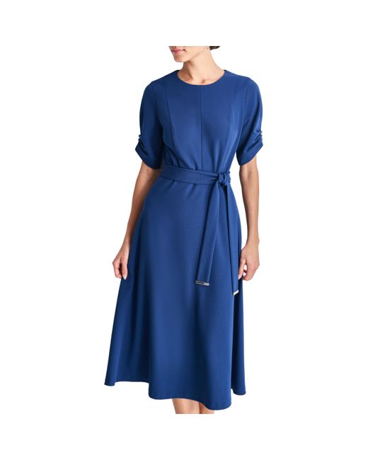 DKNY Blue Short Ruched Sleeve Jewel Neck Midi Dress With Removable Belt