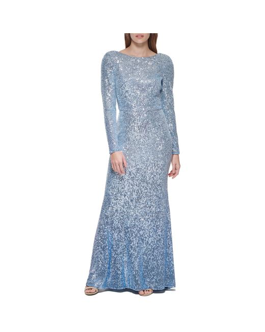 Eliza J Blue Long Sleeve Boat Neck Sequin Gown Dress