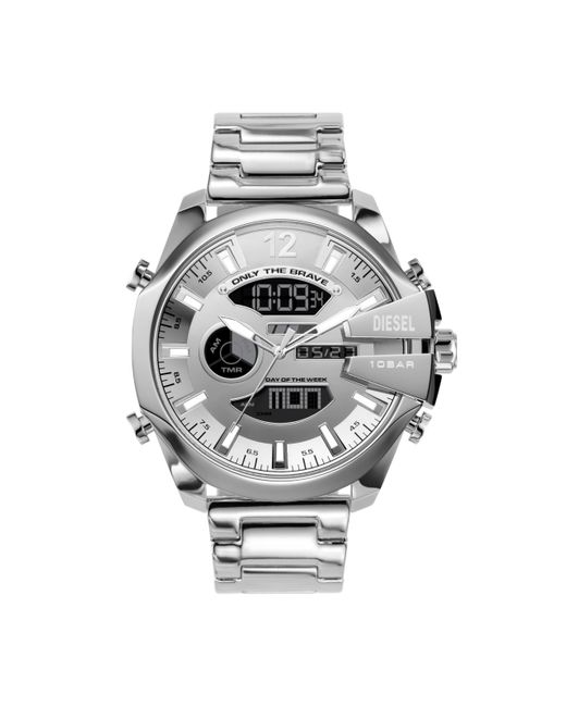 DIESEL Metallic 51mm Mega Chief Ana-digi Silver Stainless Steel Bracelet Watch for men