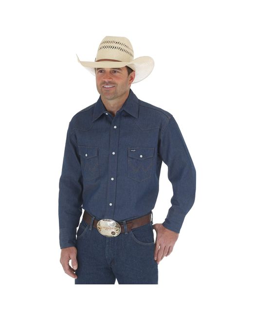 Wrangler Blue Authentic Cowboy Cut Work Western Long-sleeve Firm Finish Shirt,indigo,18 35 for men