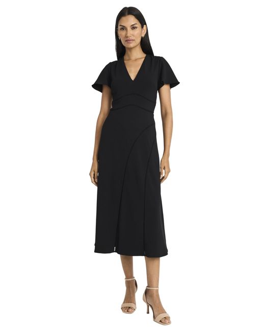 Maggy London Black Elegant Midi Flutter Sleeves-v-neck A-line Silhouette-versatile Cocktail Dress