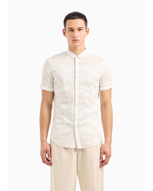 Emporio Armani White A | X Armani Exchange Short Sleeve All-over Logo Button Down Shirt. Slim Fit for men