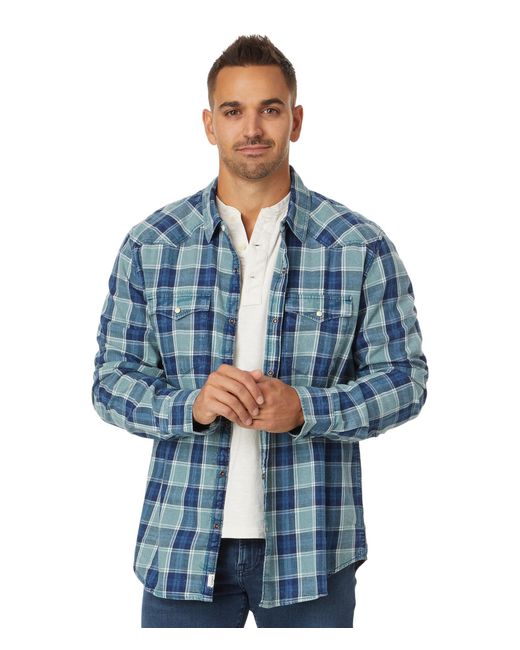 Lucky Brand Blue Plaid Indigo Western Long Sleeve Shirt for men