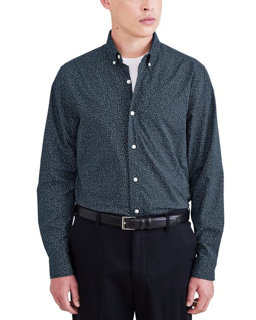 Dockers Blue Classic Fit Long Sleeve Signature Comfort Flex Shirt for men