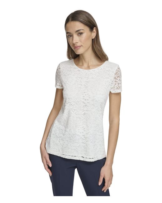 Tommy Hilfiger White Lace Scoop Neck Short Sleeve Woven Top Blouse