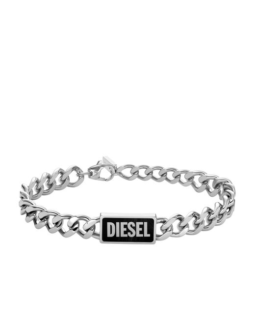 DIESEL Metallic Silver Stainless Steel And Black Agate Logo Id Bracelet for men