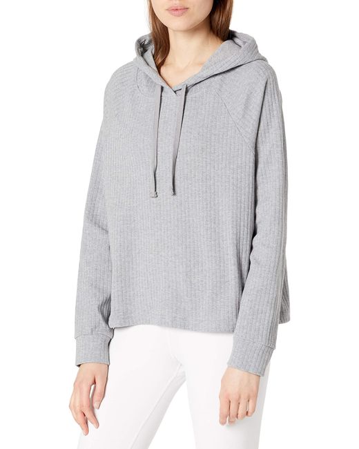 Danskin Cotton Ribbed Pullover Hoodie in Gray - Lyst