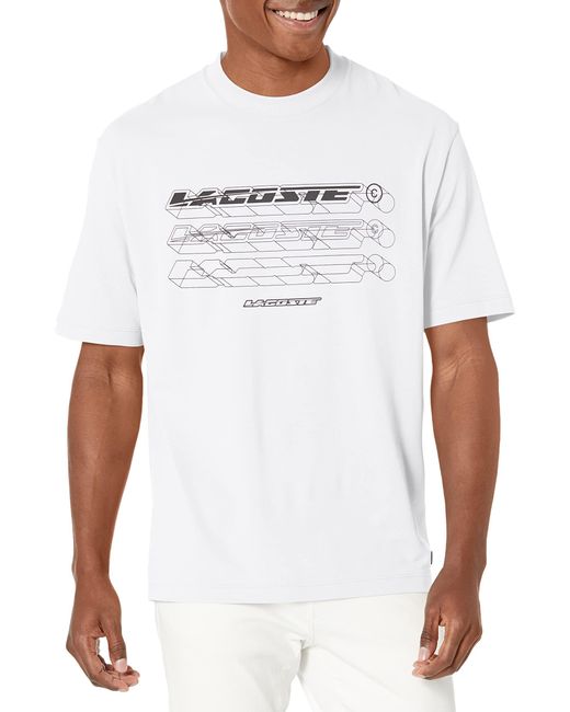 Lacoste White Contemporary Collection's Short Sleeve Relaxed Fit Pique Graphic Tee Shirt for men