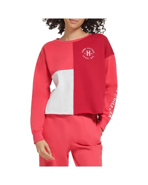 Tommy Hilfiger Slightly Cropped Color Blocked Printed Chest & Sleeve  Graphic Crew in Red | Lyst