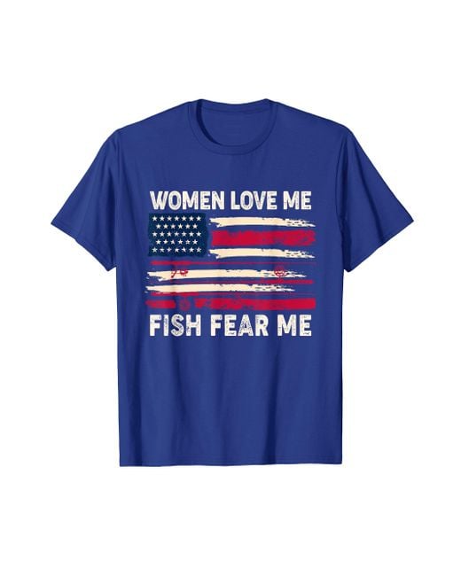 Caterpillar Funny American Flag Fishing-shirt Fish Fear Me Dad Fisherman T- shirt in Blue for Men