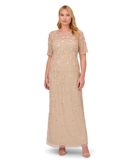 Adrianna Papell Natural Beaded Long 3d Floral Gown