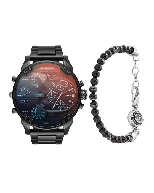 DIESEL Brown Mr. Daddy 2.0 Stainless Steel Chronograph Quartz Watch + Beaded Bracelet for men