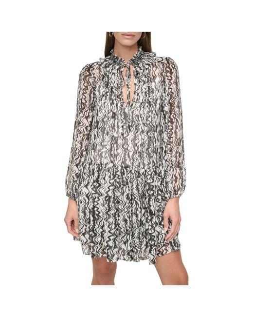 DKNY Gray Long Sleeve Collared Front Neck Tie Lined Mini Dress