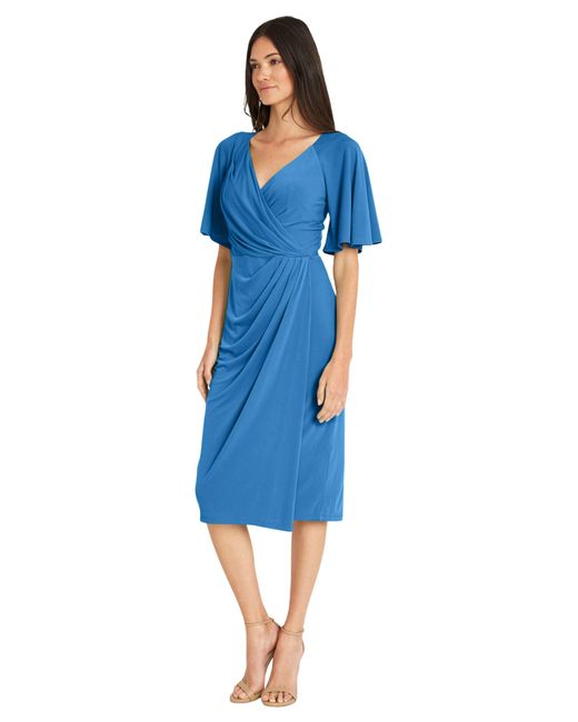 Maggy London Blue Versatile V-neck Flutter Sleeve Faux Wrap Wedding Guest Dresses For