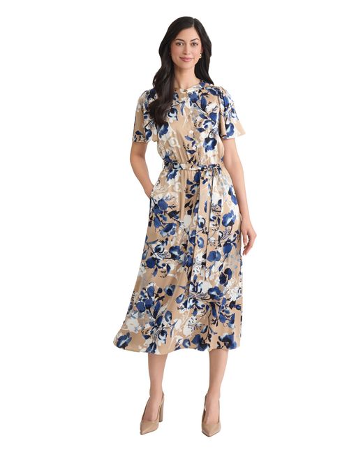 Kasper Women's Blue Floral Print Satin Shirt Dress Kasper Women's Blue Floral Print Satin Shirt Dress
