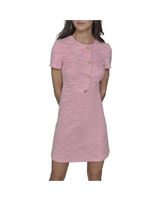 Karl Lagerfeld Purple Paris Flower Buttons Scoop Neck Sort Sleeved Sheath Dress