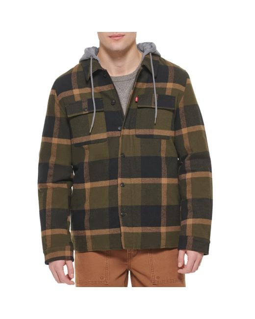 Levi's Green Cotton Shirt Jacket With Soft Faux Fur Lining And Jersey Hood for men