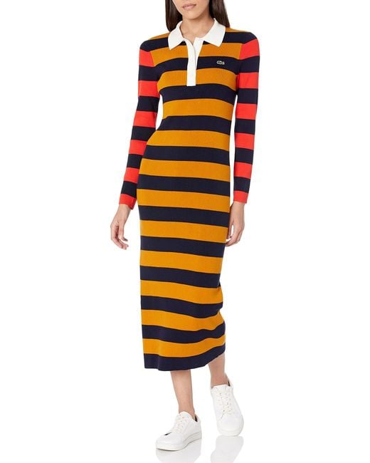 Lacoste Blue Long Sleeve Bold Stripe Maxi Polo Dress