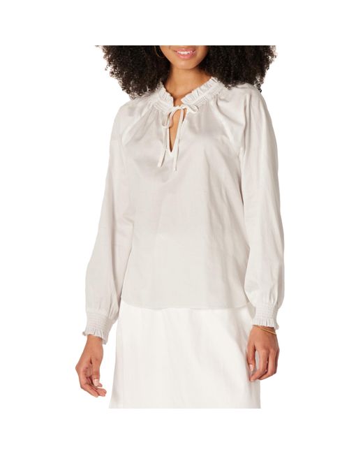 Blusa a iche Lunghe con Collo Arricciato in Raso di Cotone vestibilità Comoda di Amazon Essentials in White