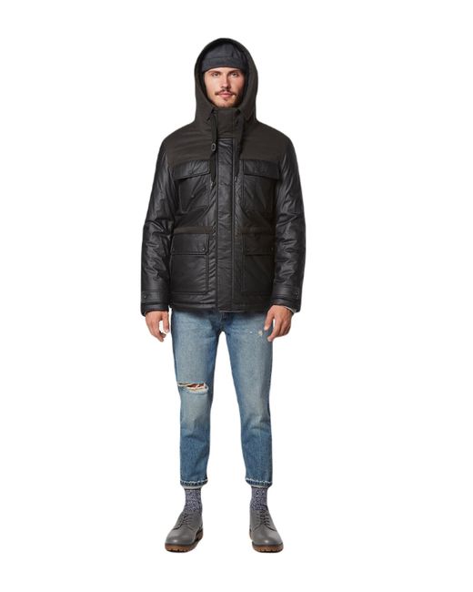Andrew Marc Black Short Fabric Blocked Parka With A Sherpa Lined Harrigan Hooded Cuff Tab With Adjustable Snap for men