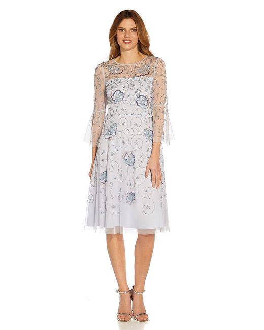 Adrianna Papell White Beaded Cocktail Dress Bell Sleeve