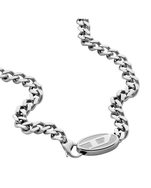 DIESEL Metallic Silver Stainless Steel Logo Chain Necklace for men