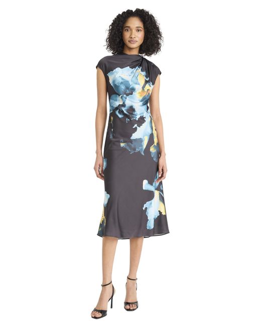 Maggy London Women's Blue S Fitted Sheath Midi Dress With Cap