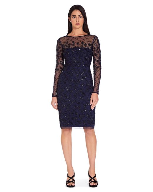 Adrianna Papell Short Fully Beaded Sheath Dress With Long Sleeves in Blue |  Lyst