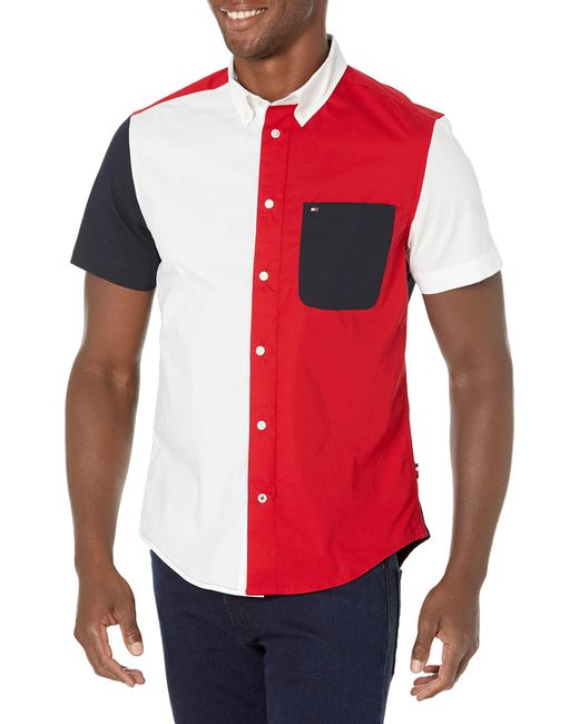 Tommy Hilfiger Red Adaptive Slim Fit Colorblock Short Sleeve Shirt for men
