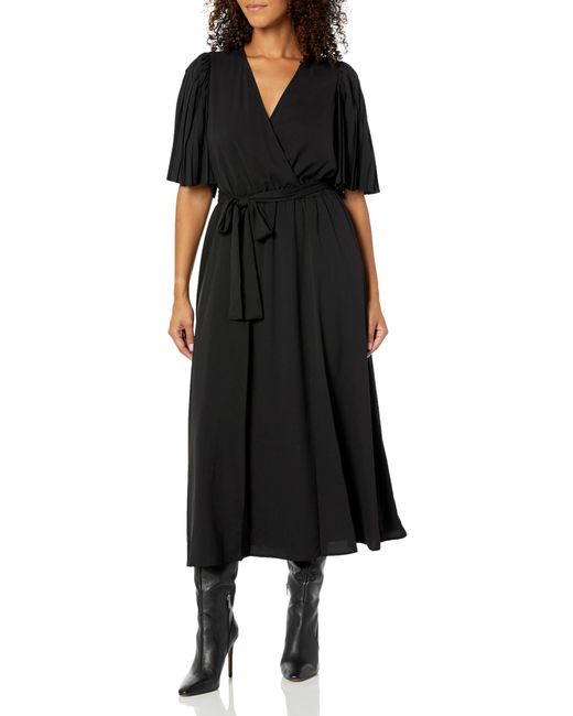 Anne Klein Black Pleated Flutter Sleeve Midi Dress