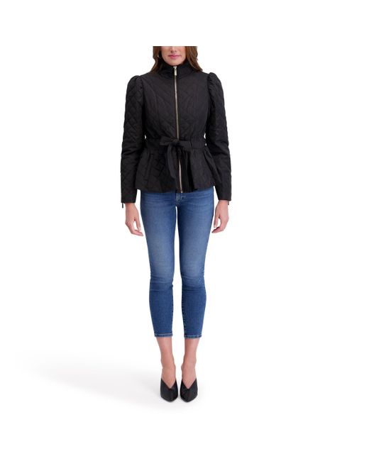 Kensie Black Outerwear Short Quilted Puffer Jacket With Puff Sleeves & Tie Belt